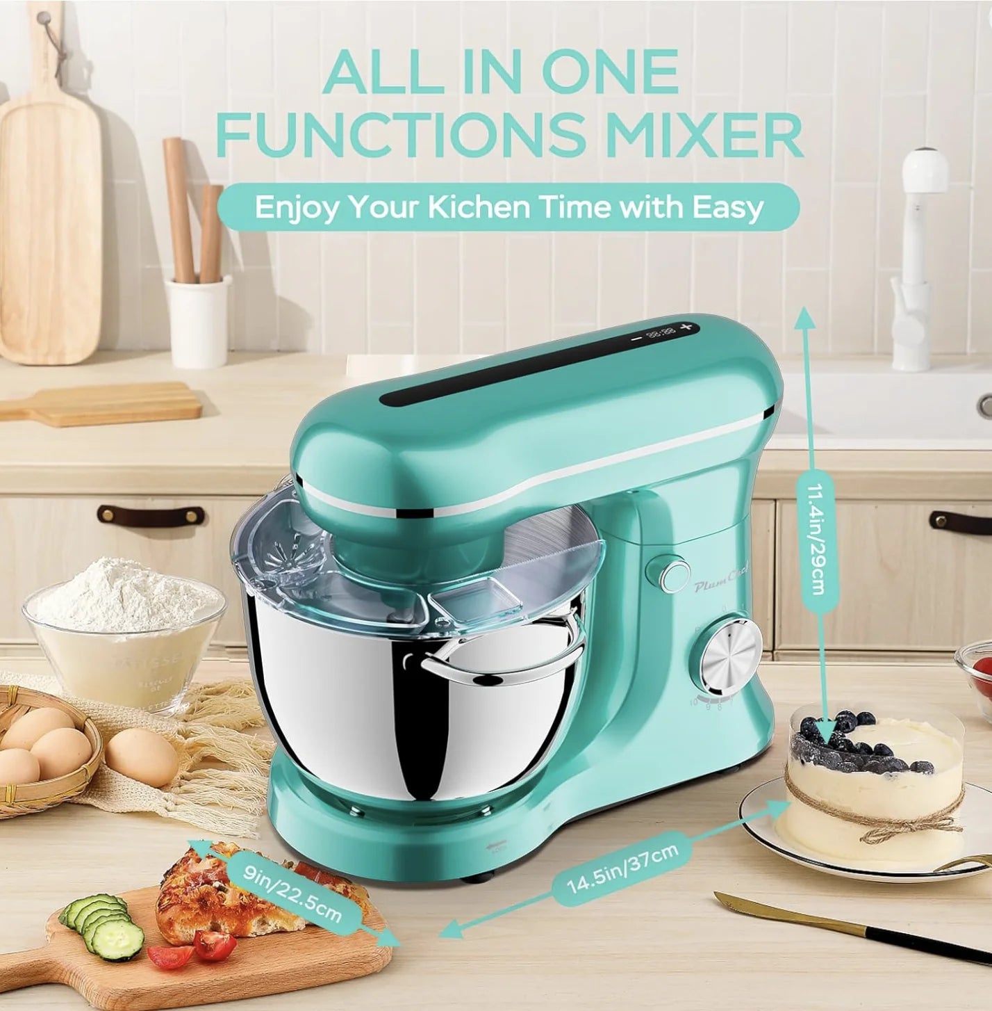 Plum Chef 6QT/5QT Dual Bowl Stand Mixer – 10-Speed Tilt-Head with Timer, Blue