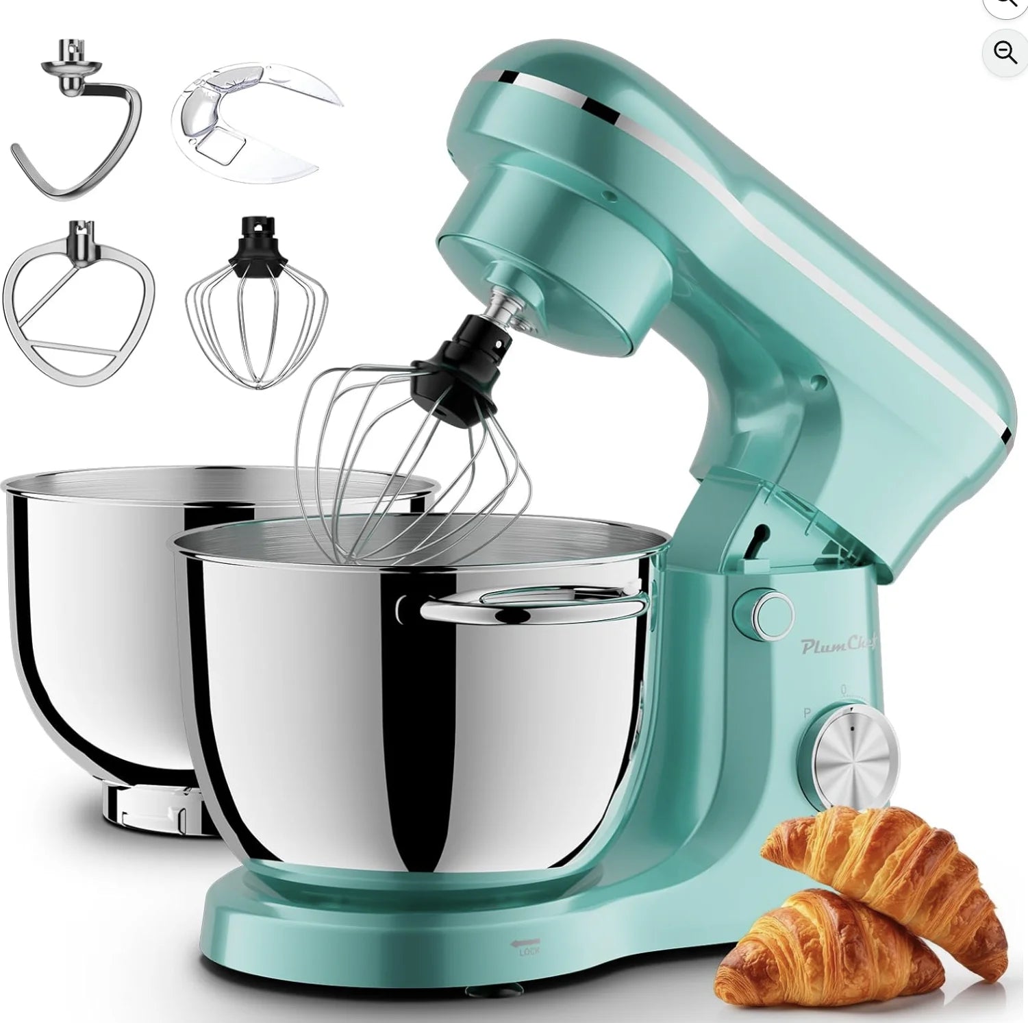 Plum Chef 6QT/5QT Dual Bowl Stand Mixer – 10-Speed Tilt-Head with Timer, Blue
