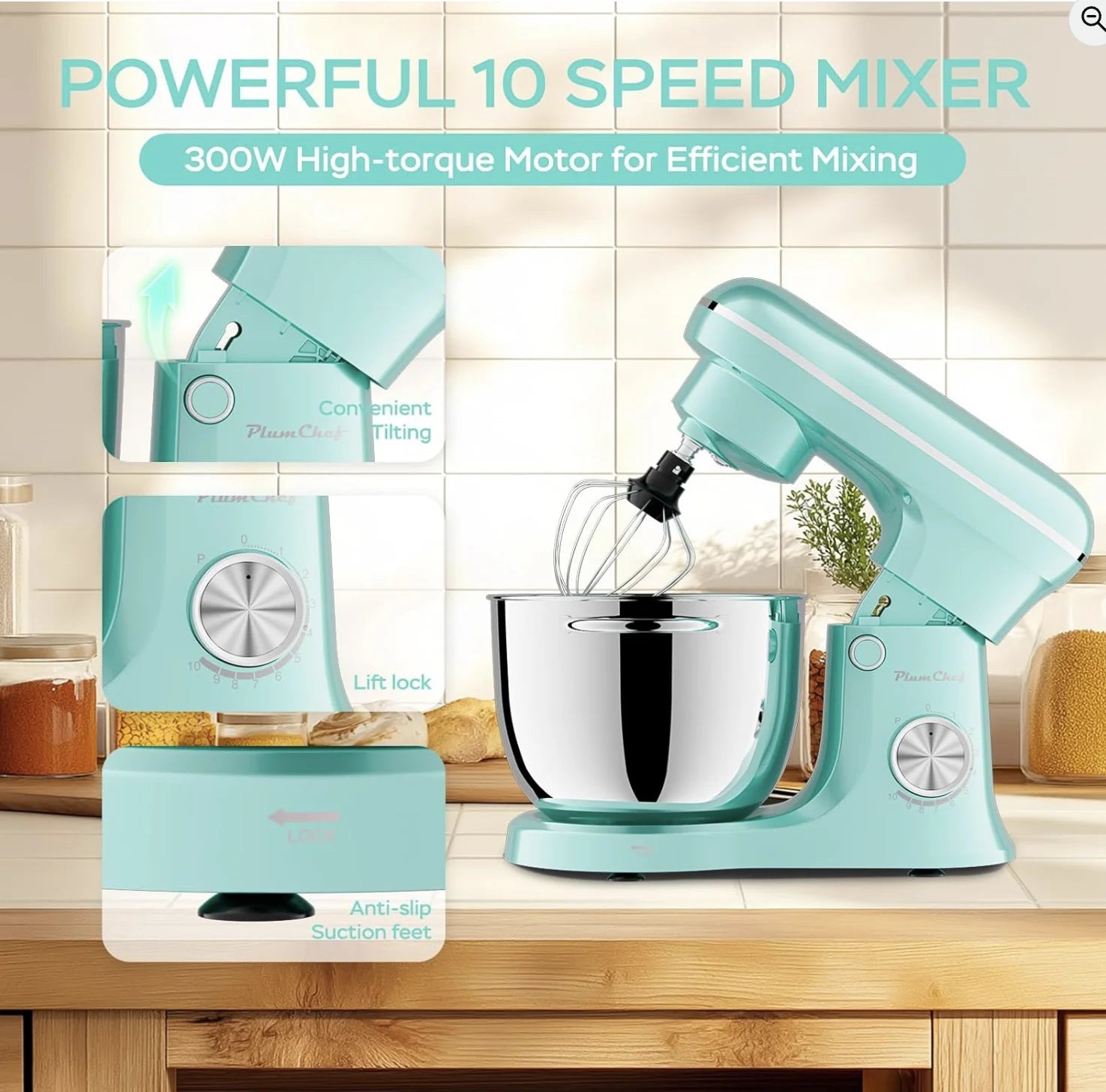 Plum Chef 6QT/5QT Dual Bowl Stand Mixer – 10-Speed Tilt-Head with Timer, Blue