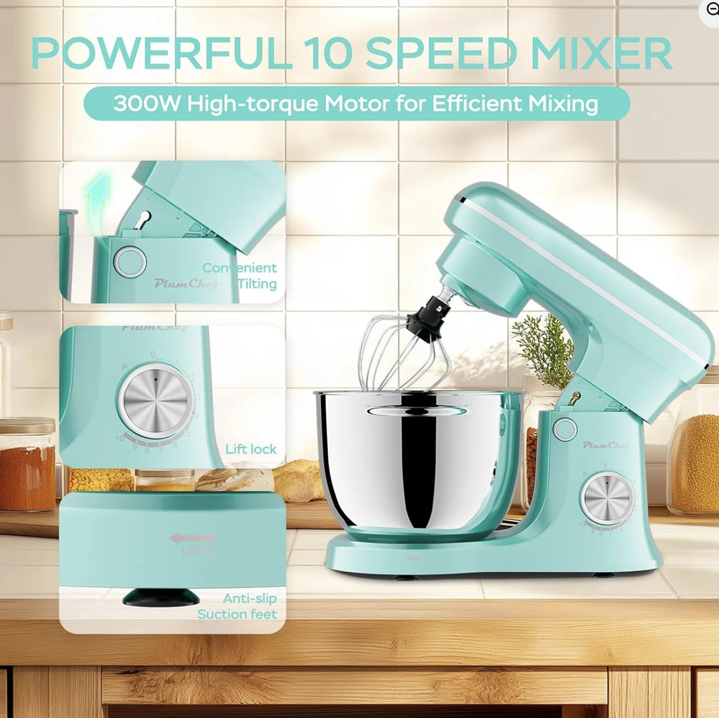 Plum Chef 6QT/5QT Dual Bowl Stand Mixer – 10-Speed Tilt-Head with Timer, Blue