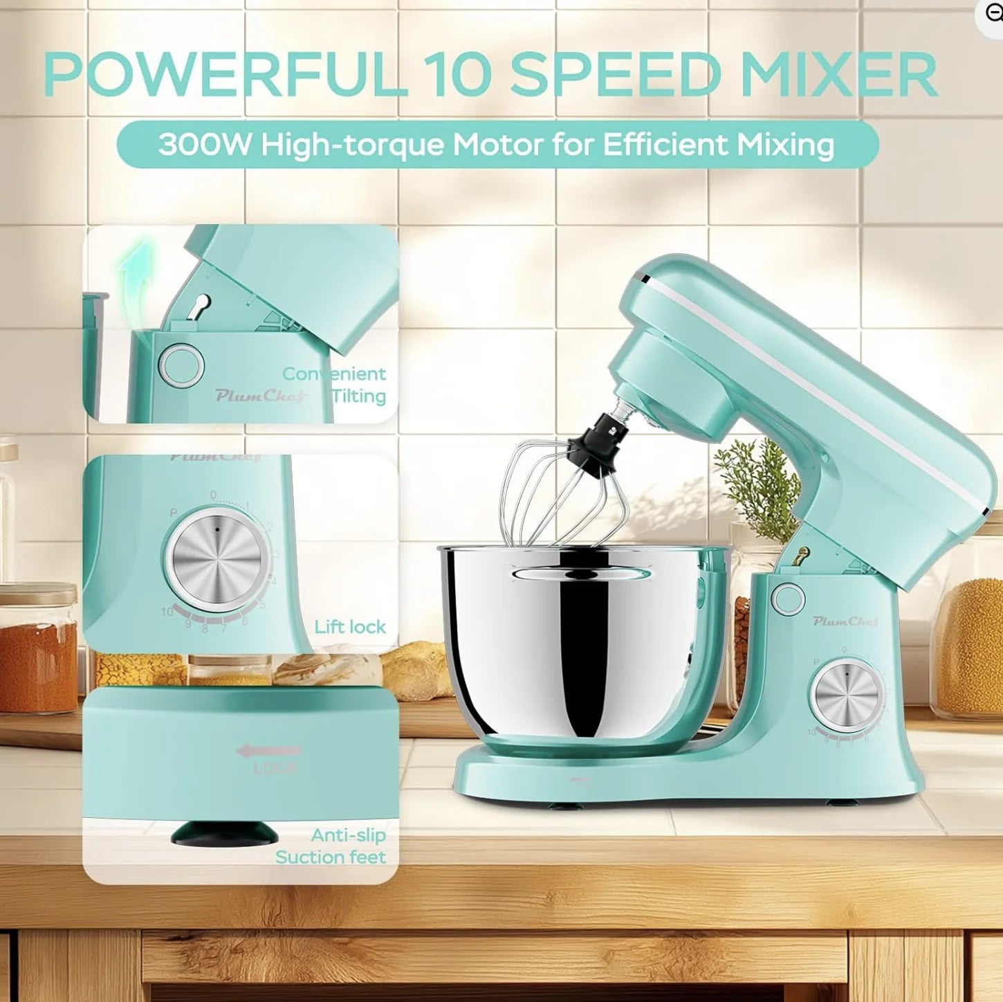 Plum Chef 6QT/5QT Dual Bowl Stand Mixer – 10-Speed Tilt-Head with Timer, Blue