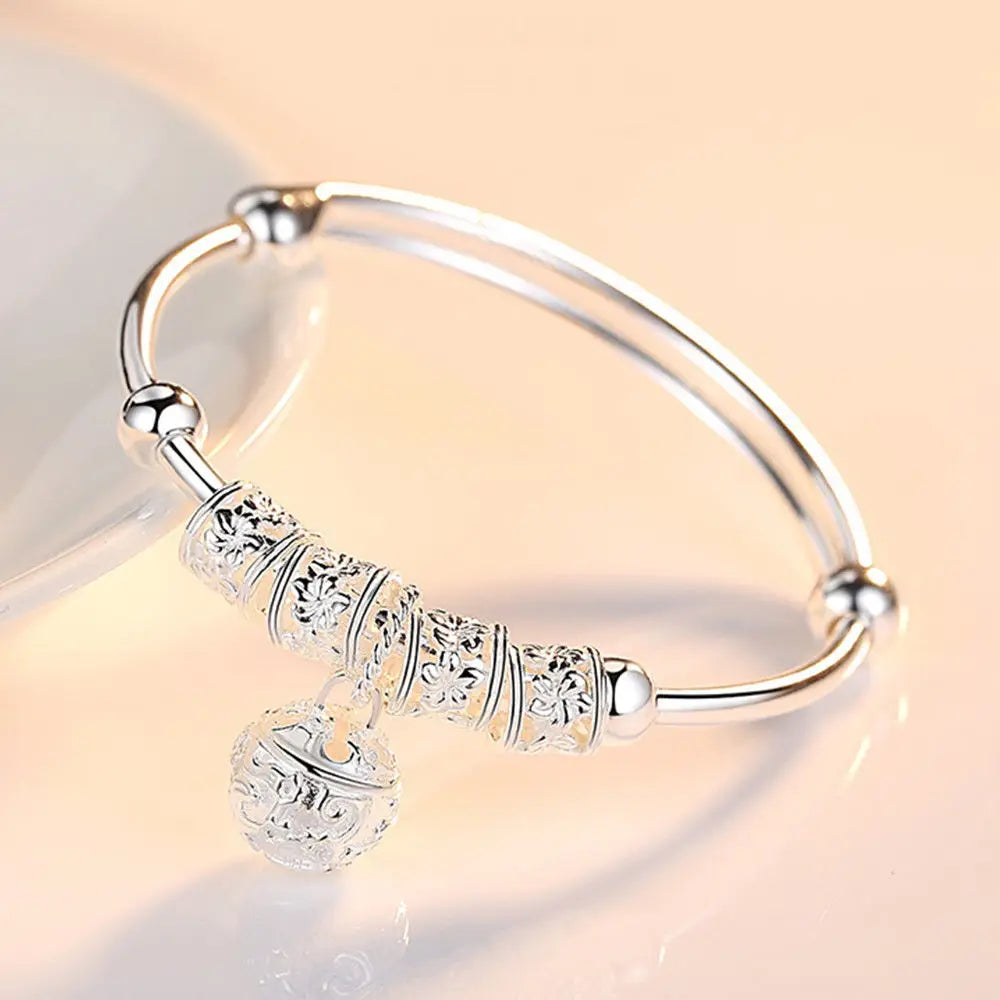 925 Sterling Silver Adjustable Bell Ball Bracelet for Women