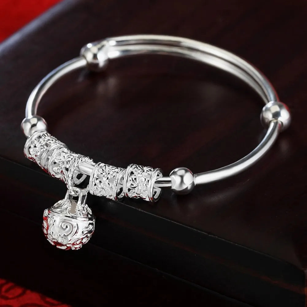 925 Sterling Silver Adjustable Bell Ball Bracelet for Women