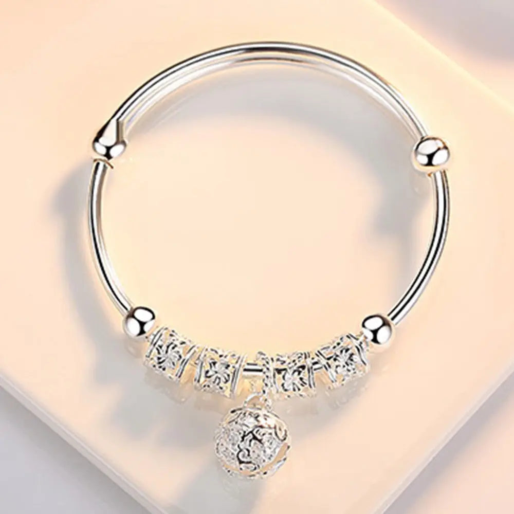925 Sterling Silver Adjustable Bell Ball Bracelet for Women