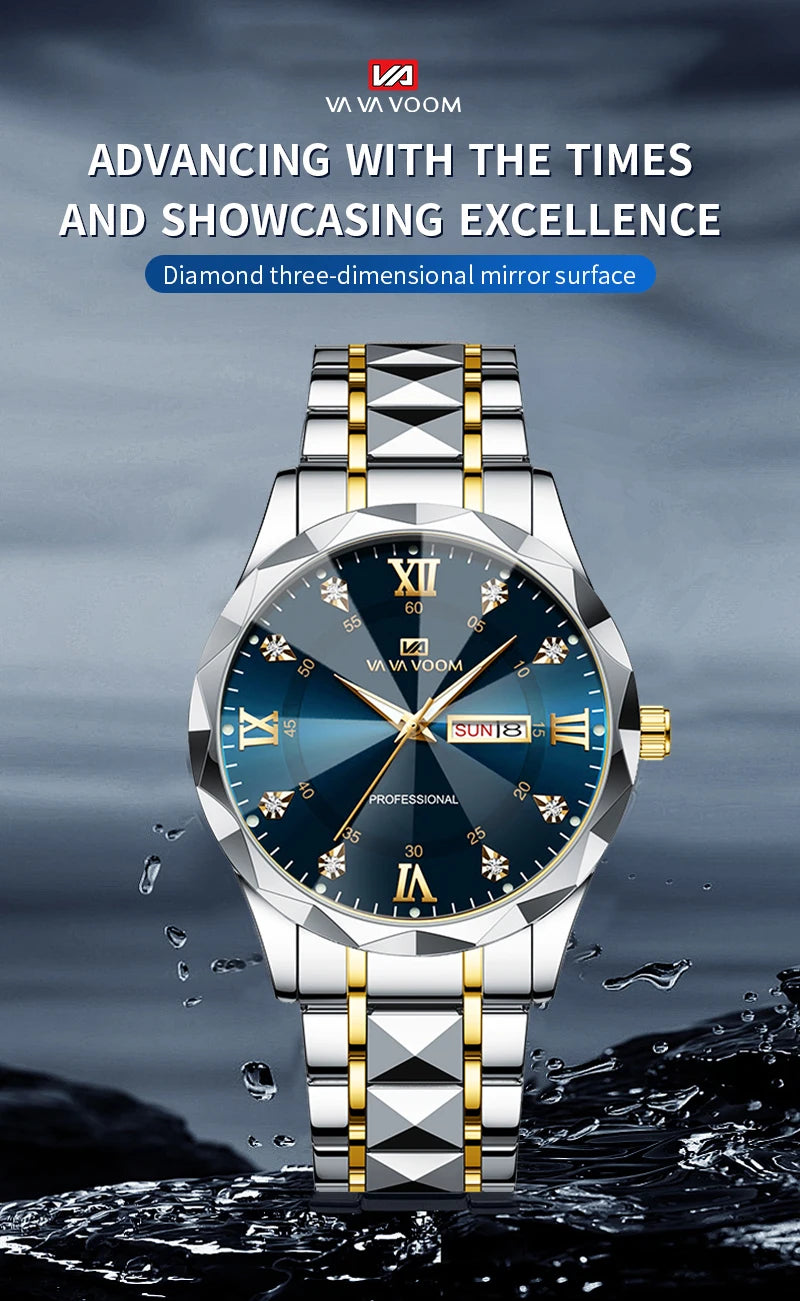 Luxury blue & gold men’s quartz watch.