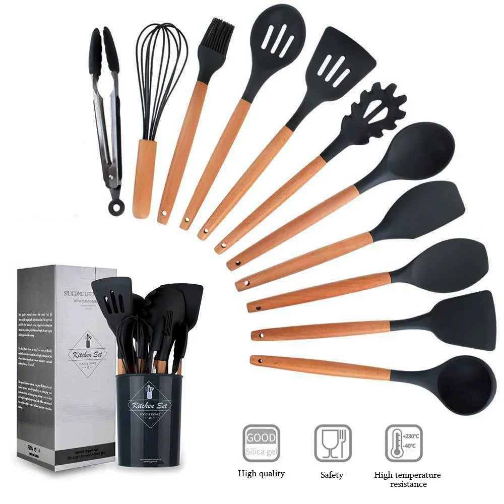 12PCS Silicone Non-Stick Kitchen Utensil Set with Wooden Handles