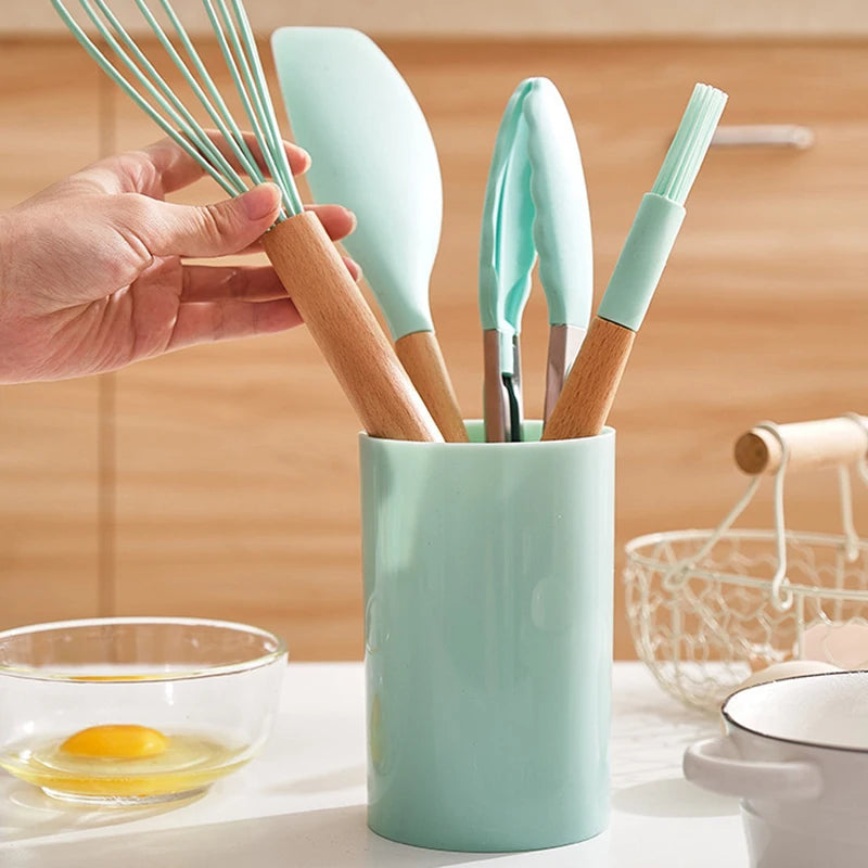 12PCS Silicone Non-Stick Kitchen Utensil Set with Wooden Handles