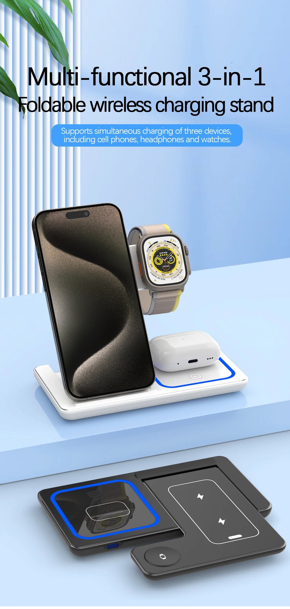 3‑in‑1 Fast Wireless Charger Stand – Foldable, LED Indicator, for Apple Devices