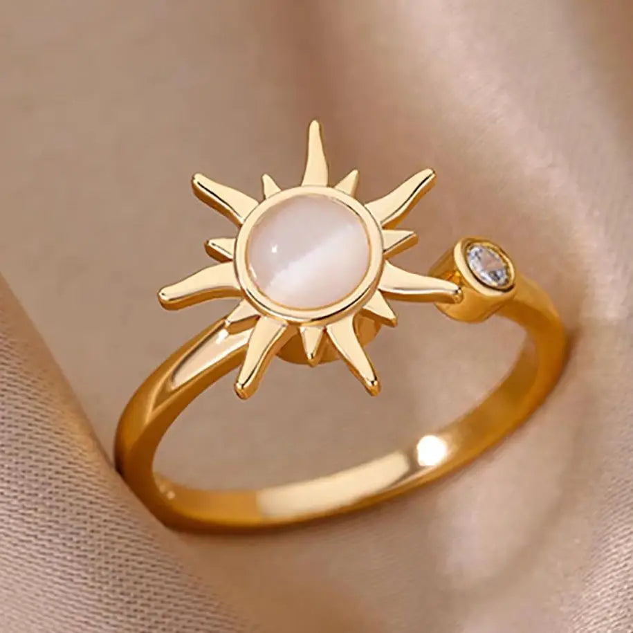 Rotating Sun Opal Stainless Steel Ring