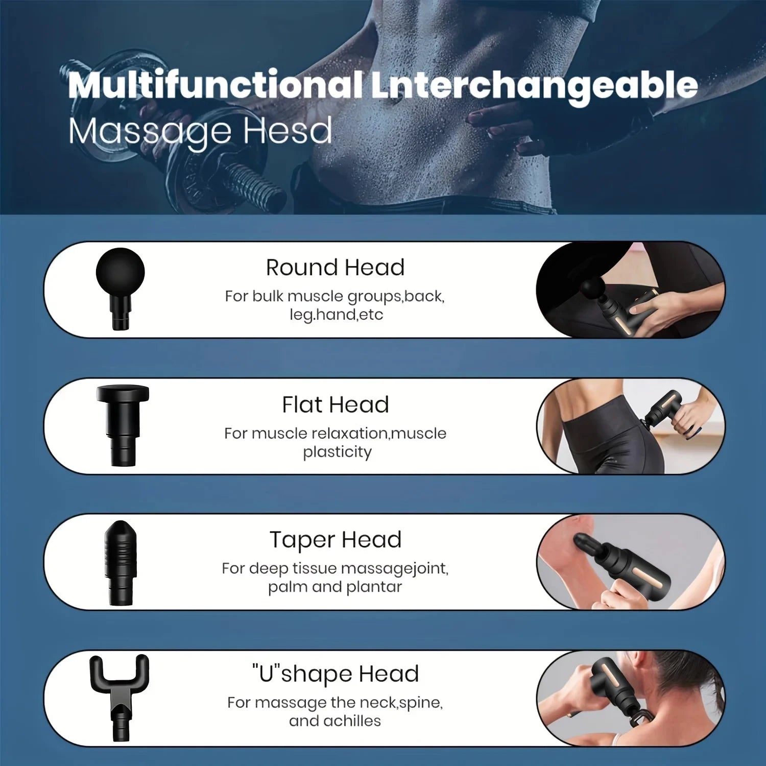 Portable Electric Massage Gun – LED Touch, 4 Interchangeable Heads