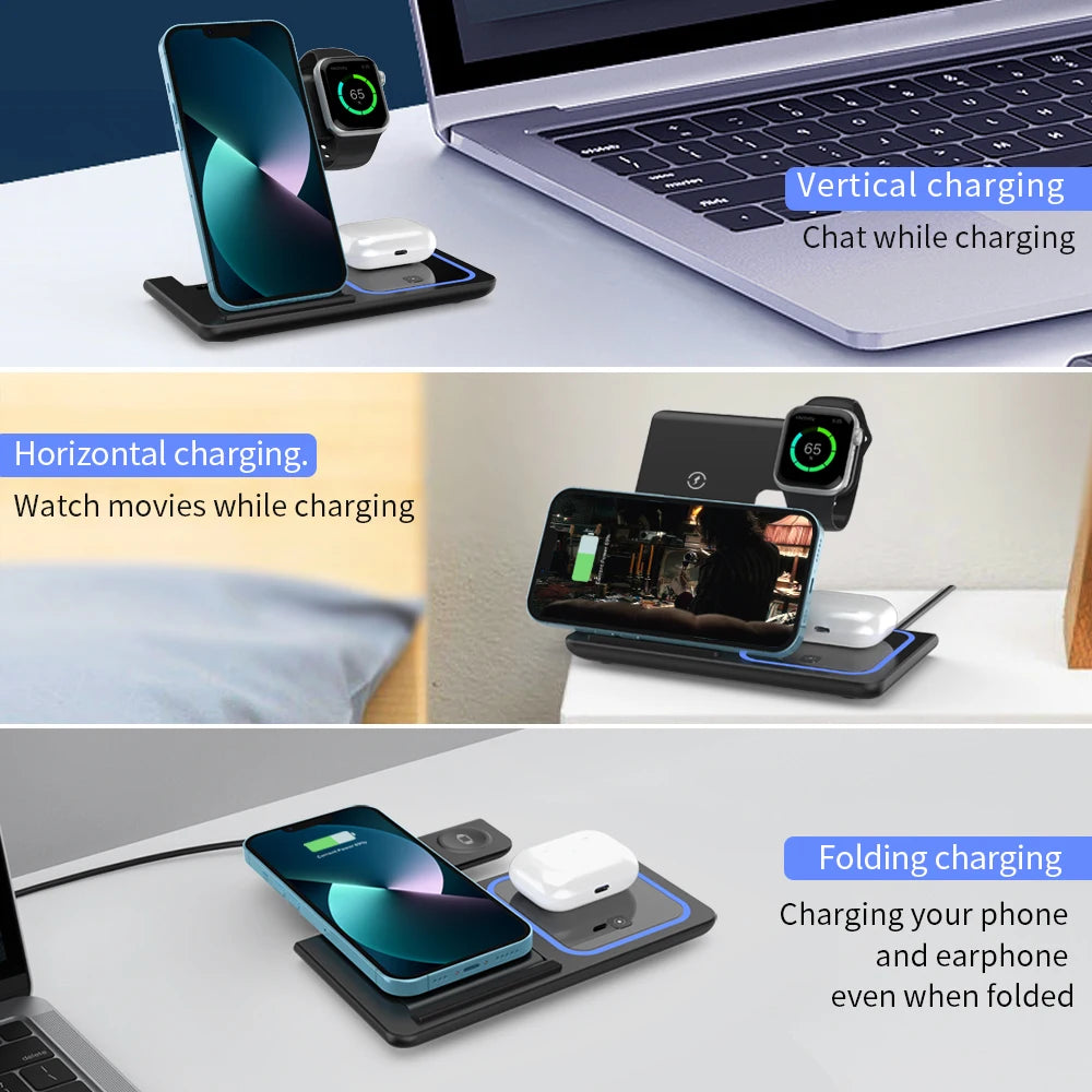 3‑in‑1 Fast Wireless Charger Stand – Foldable, LED Indicator, for Apple Devices