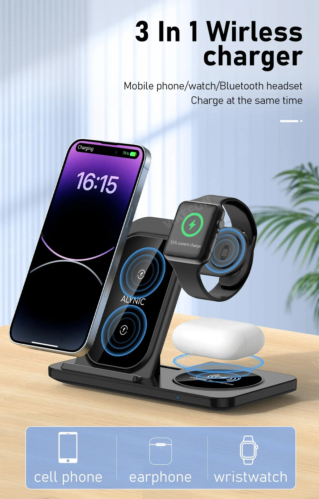 3‑in‑1 Fast Wireless Charger Stand – Foldable, LED Indicator, for Apple Devices