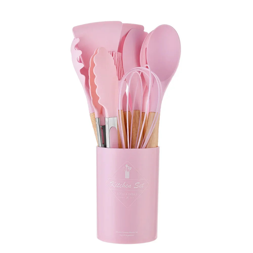 12PCS Silicone Non-Stick Kitchen Utensil Set with Wooden Handles