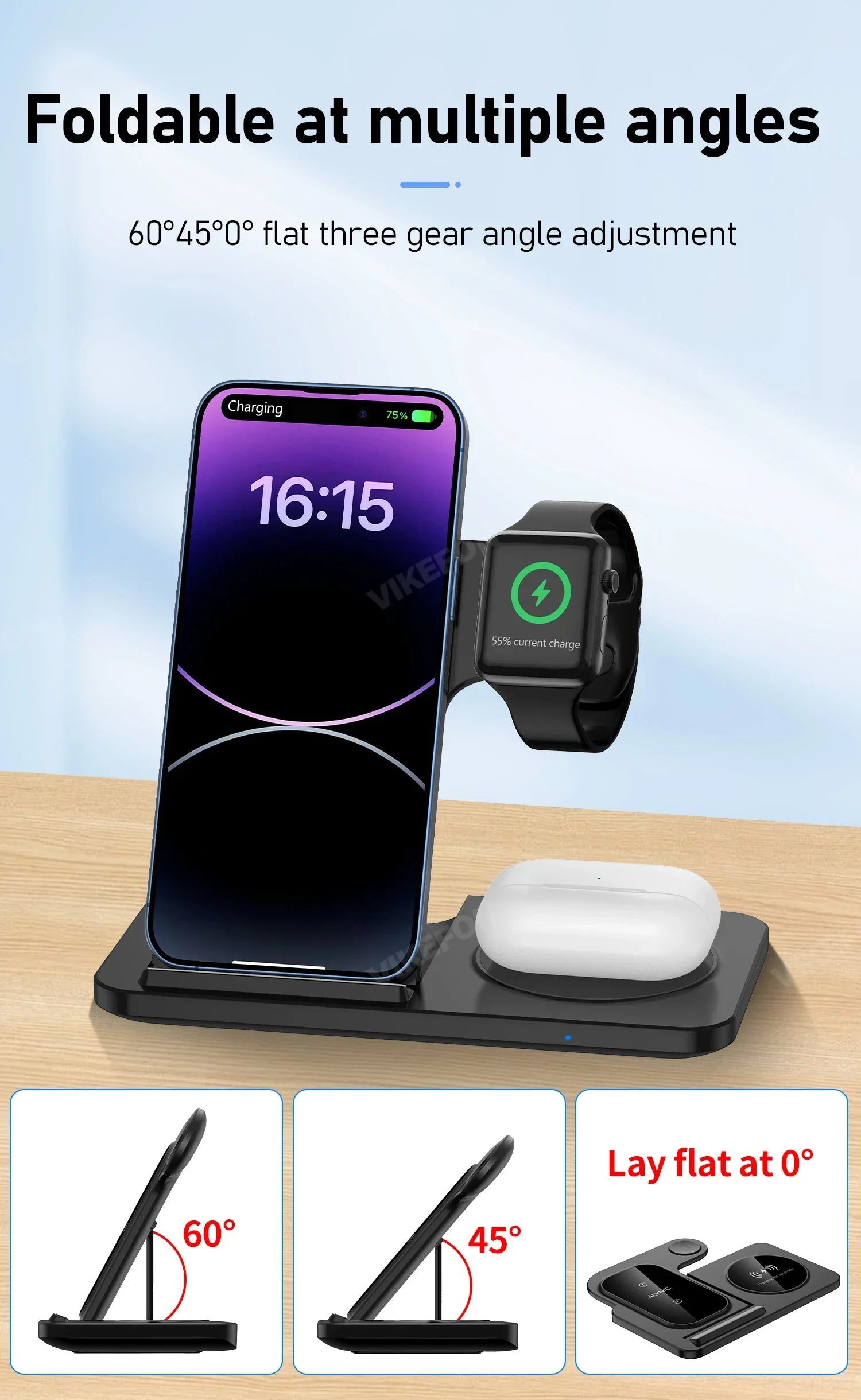 3‑in‑1 Fast Wireless Charger Stand – Foldable, LED Indicator, for Apple Devices