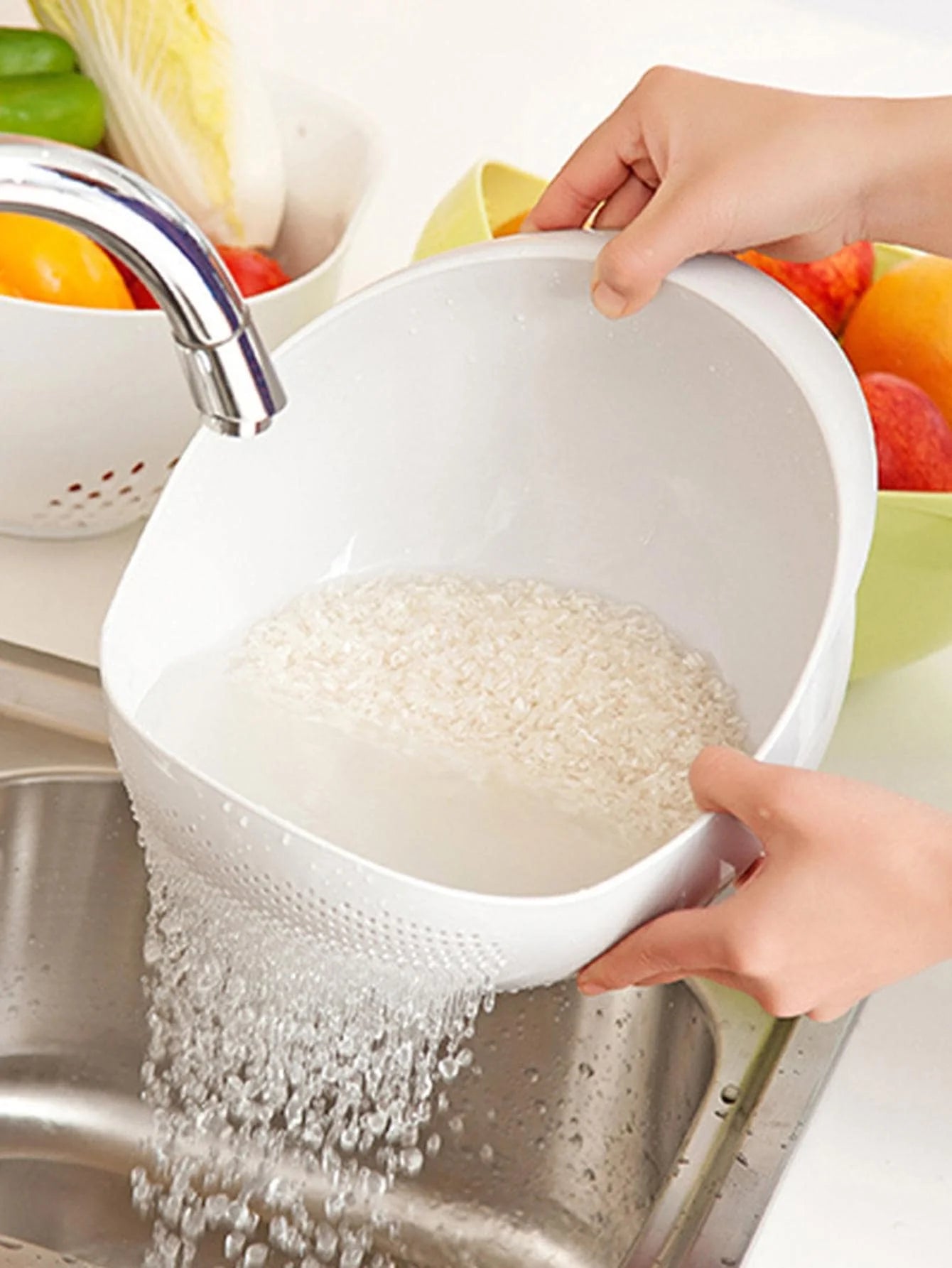 1/3 pcs – Colander Rice & Fruit Bowl with Handle, Kitchen Washing/Drain Basket
