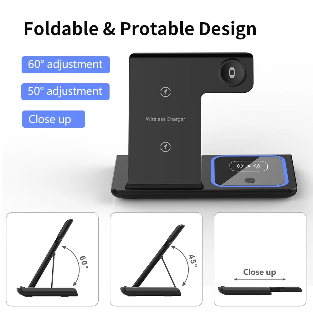 3‑in‑1 Fast Wireless Charger Stand – Foldable, LED Indicator, for Apple Devices