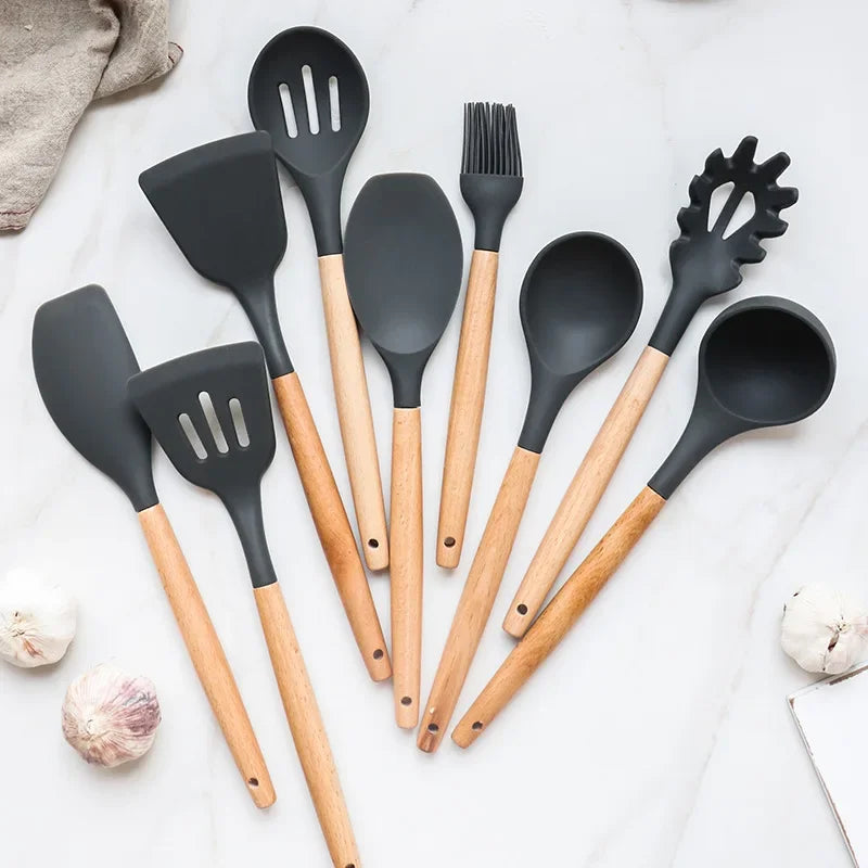 12PCS Silicone Non-Stick Kitchen Utensil Set with Wooden Handles