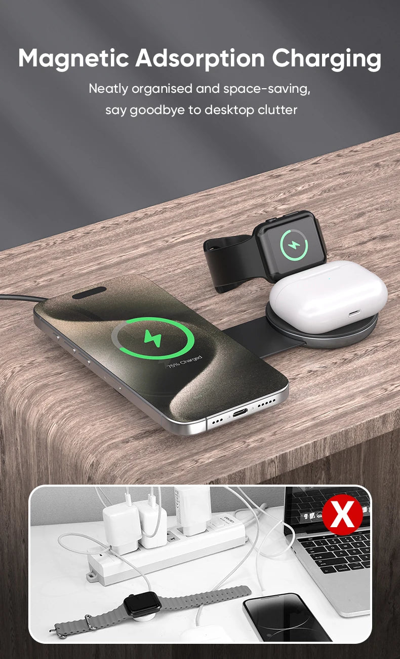 AUFU 3-in-1 Wireless Charger – Magnetic & Portable for iPhone & Apple Watch