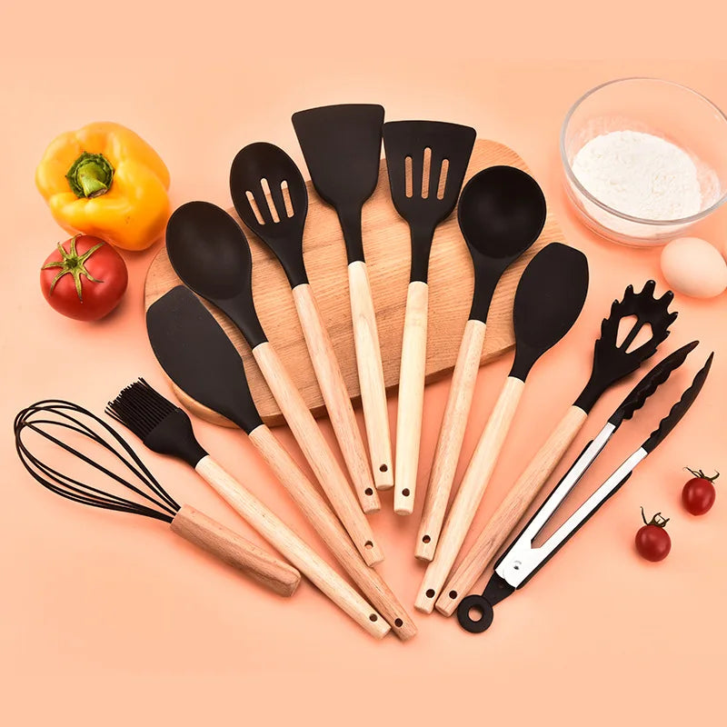 12PCS Silicone Non-Stick Kitchen Utensil Set with Wooden Handles