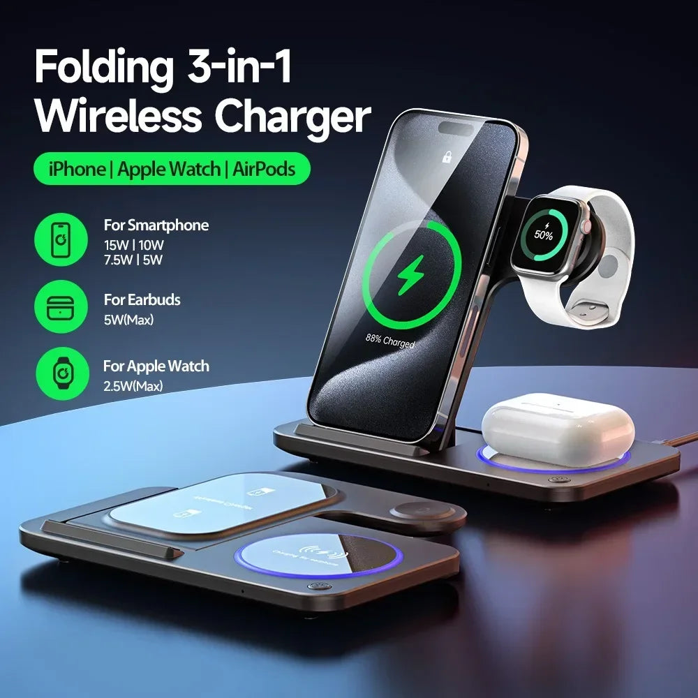 Foldable 30W 3‑in‑1 Wireless Charger for iPhone, Apple Watch & AirPods