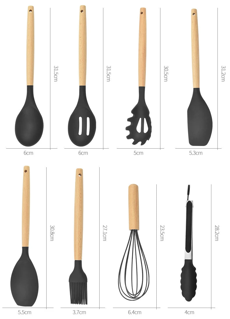 12PCS Silicone Non-Stick Kitchen Utensil Set with Wooden Handles