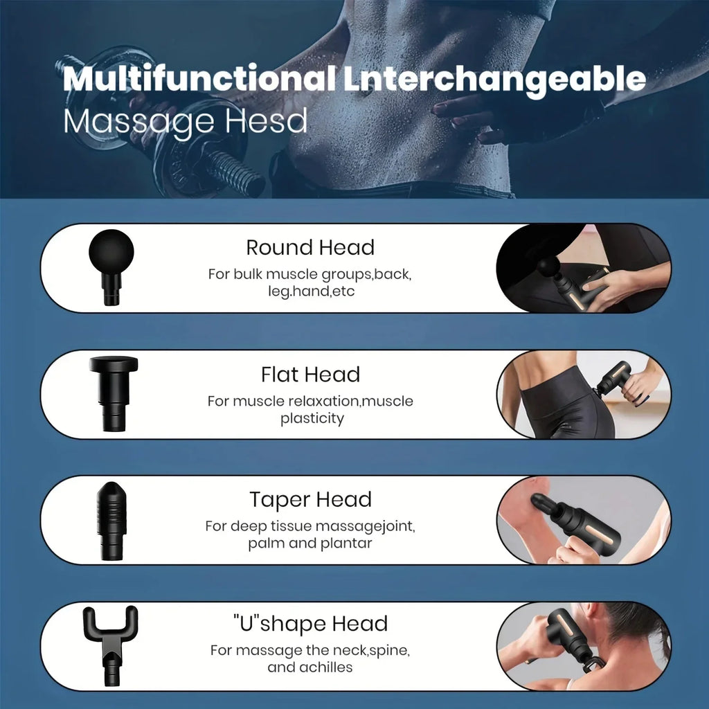 Portable Electric Massage Gun – LED Touch, 4 Interchangeable Heads