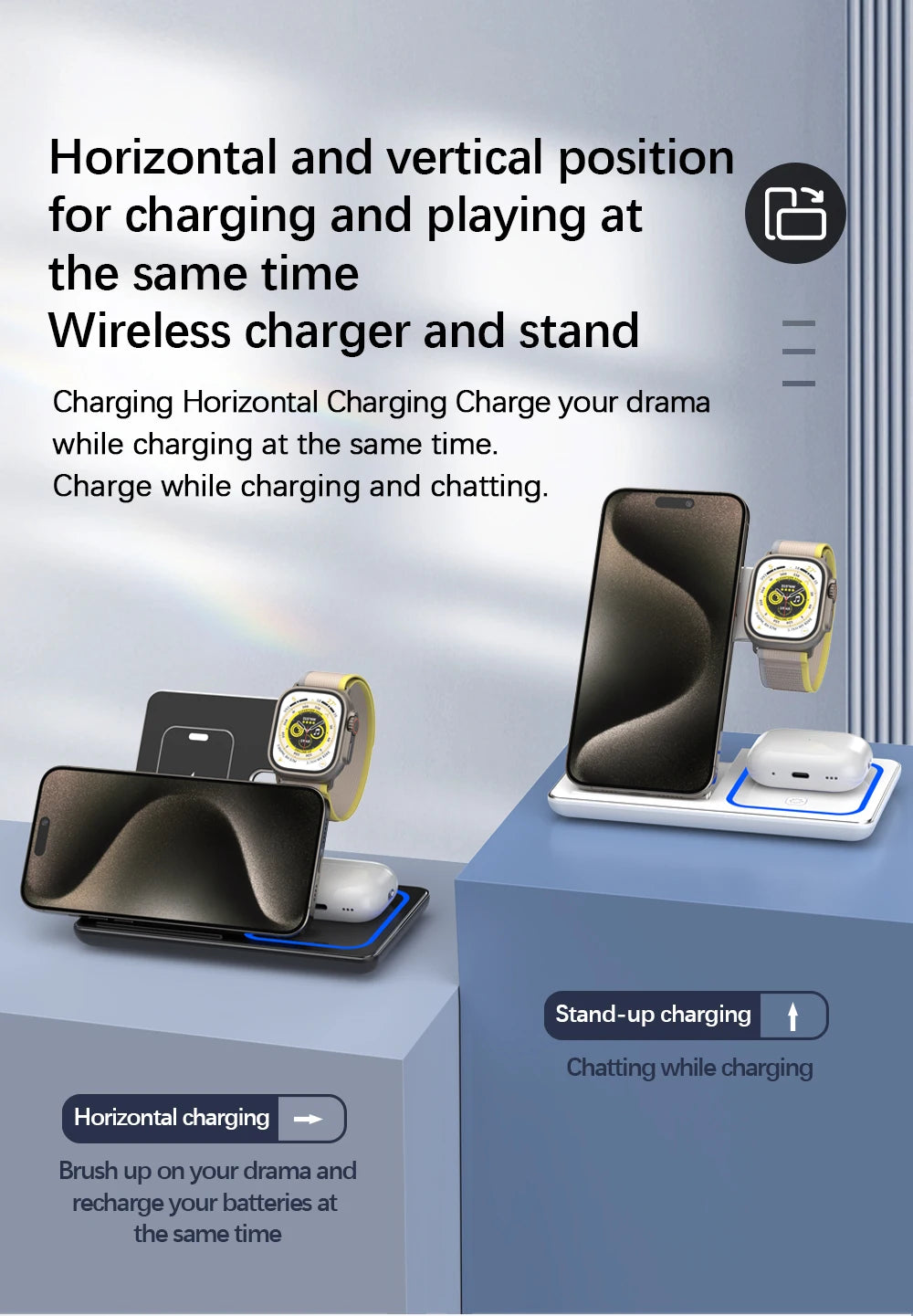 3‑in‑1 Fast Wireless Charger Stand – Foldable, LED Indicator, for Apple Devices