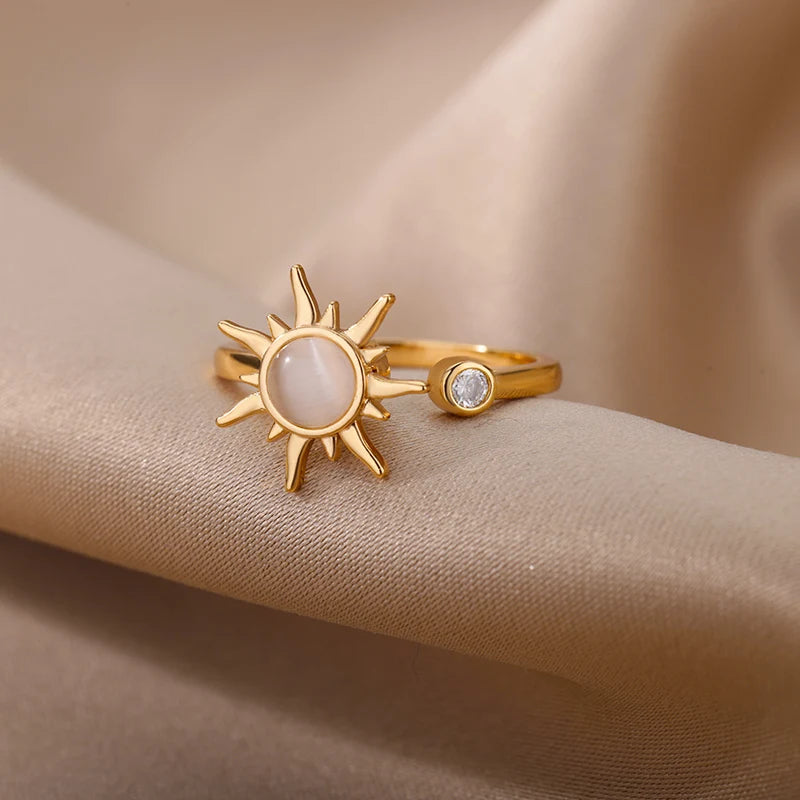 Rotating Sun Opal Stainless Steel Ring